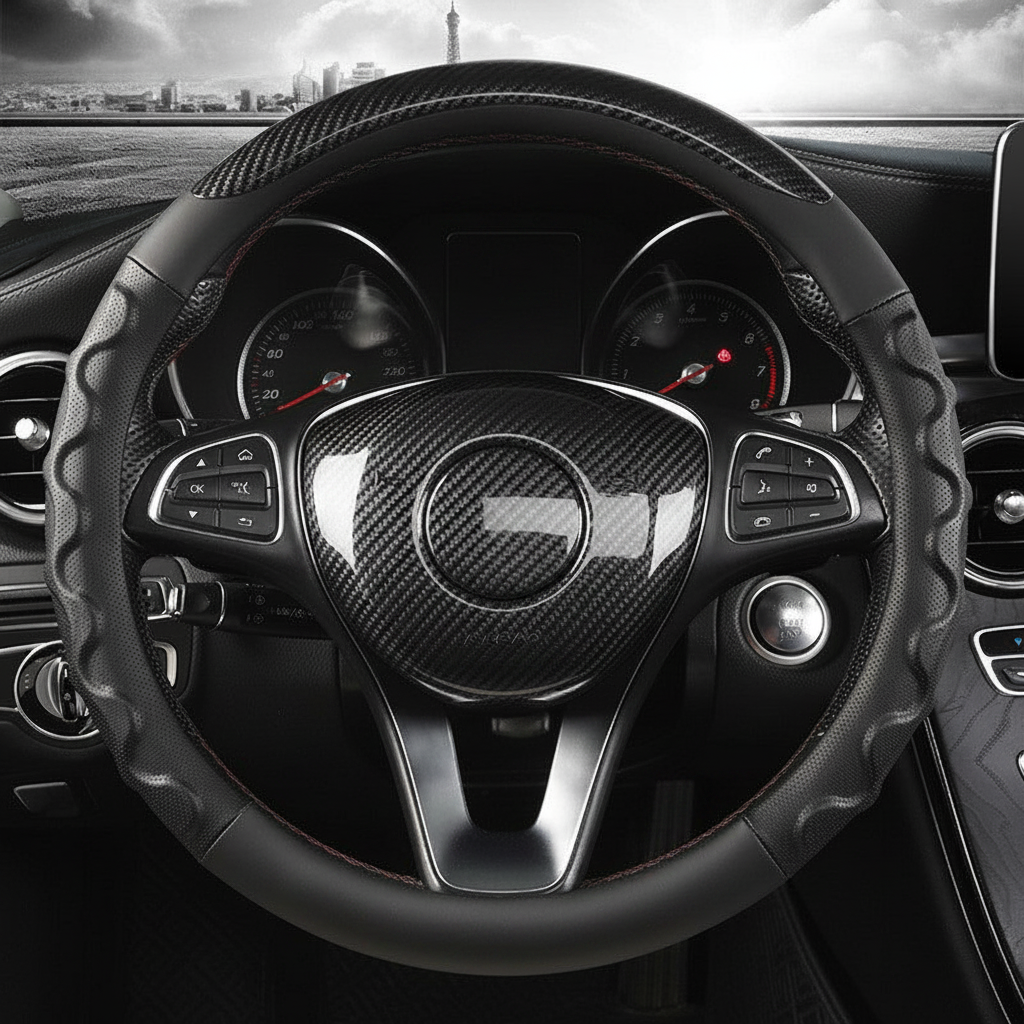 Real carbon fiber steering wheel decorative sticker installed on modern car steering wheel