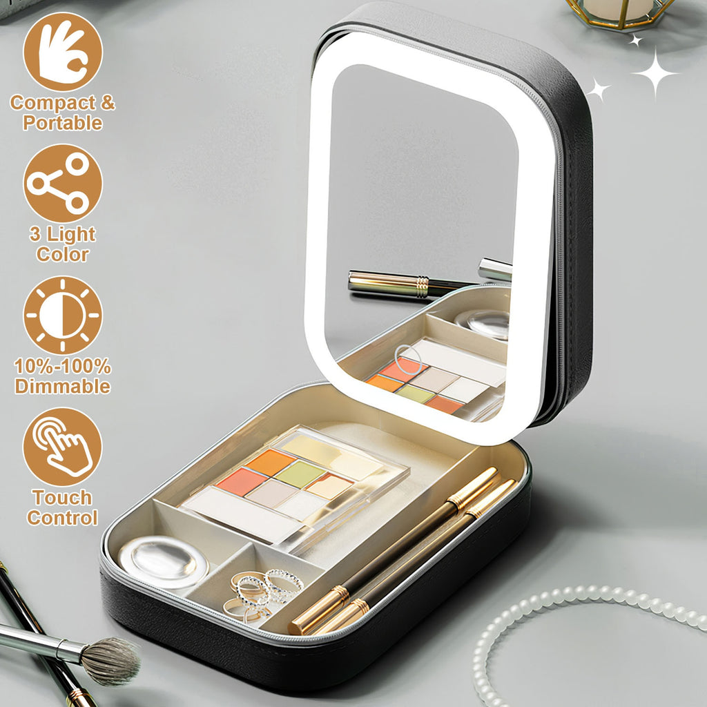 1Pc Portable Travel Makeup Bag With LED Mirror Rechargeable