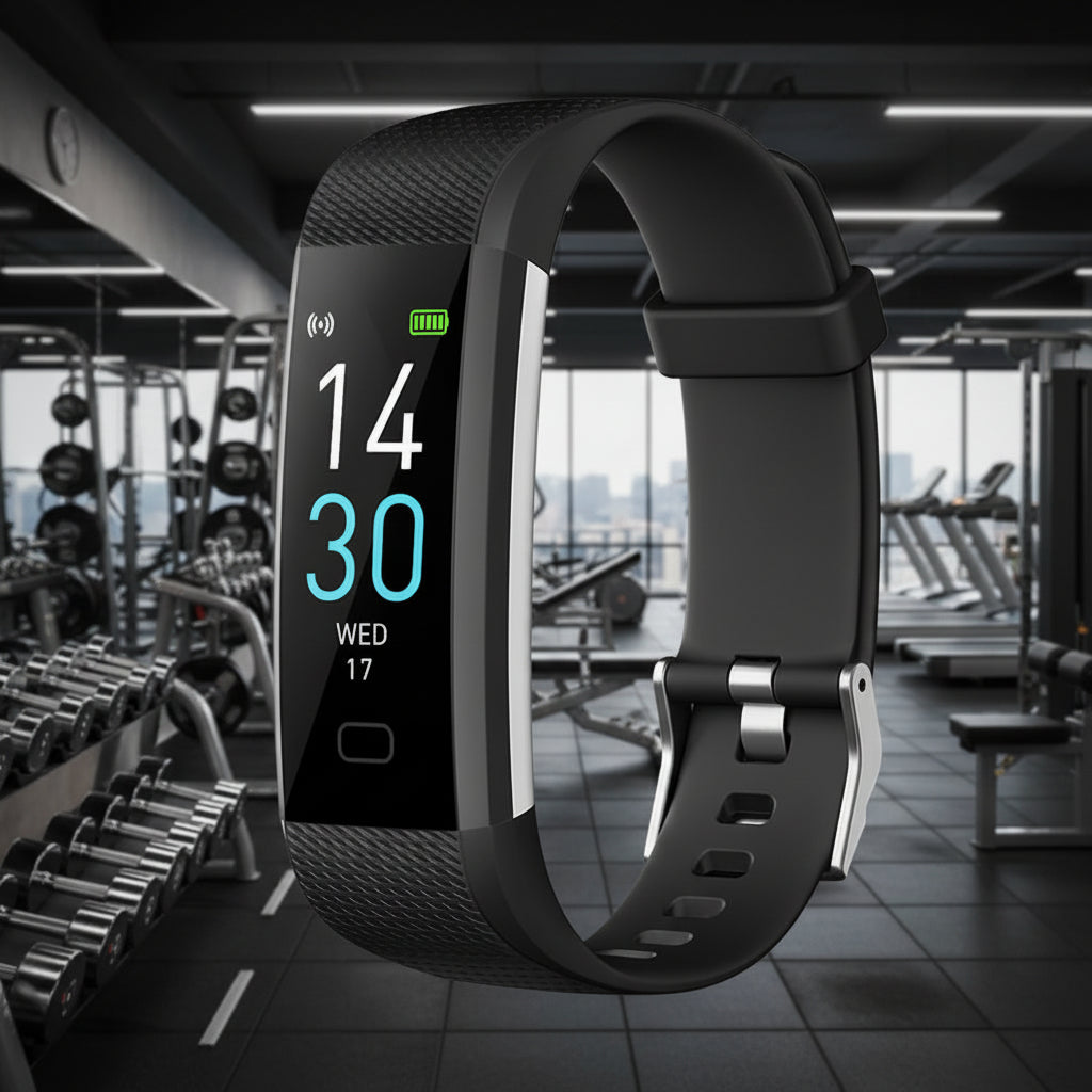 Black fitness tracker with digital display on a white background
