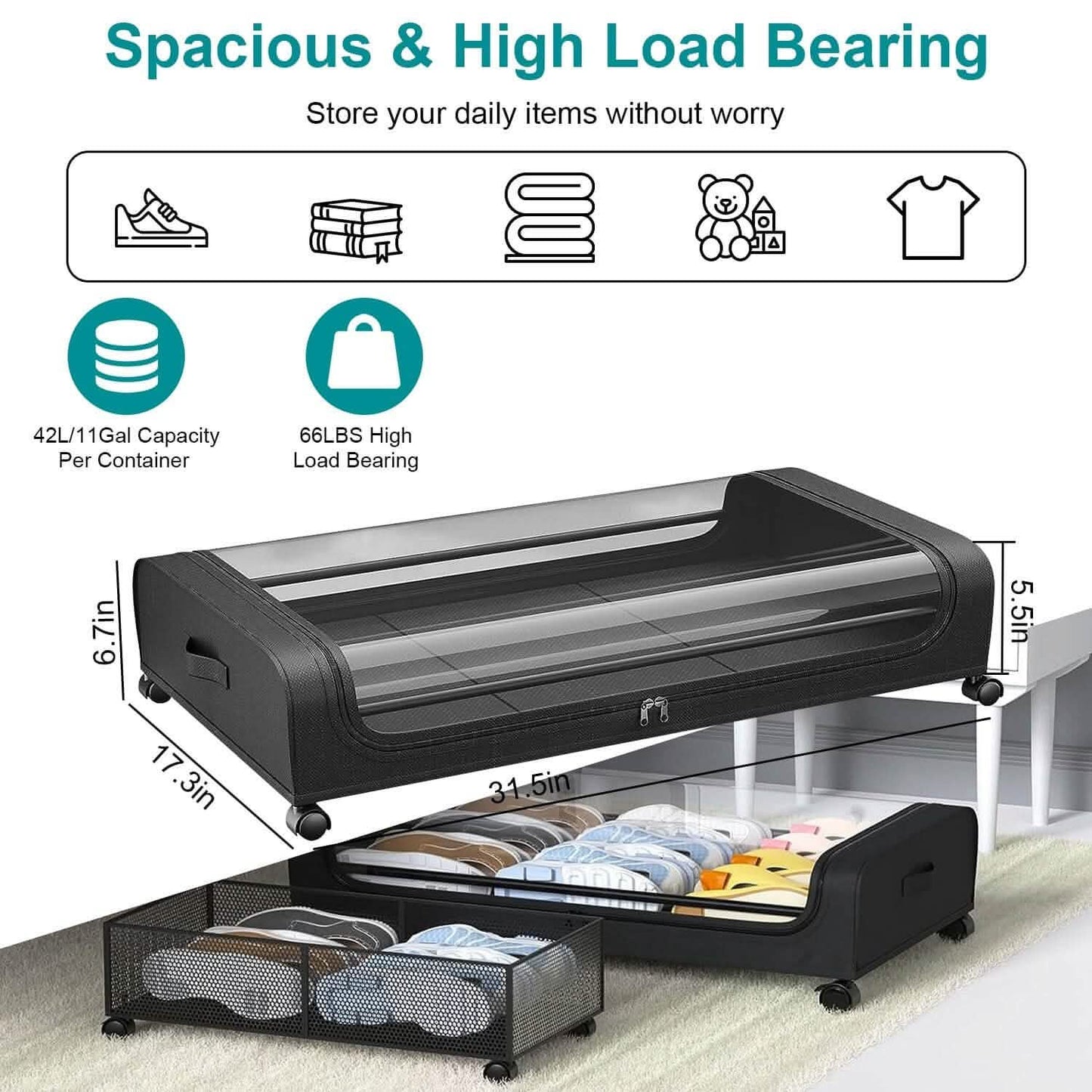 Under-Bed Storage Drawer with Wheels - Clear Window & Label Slot