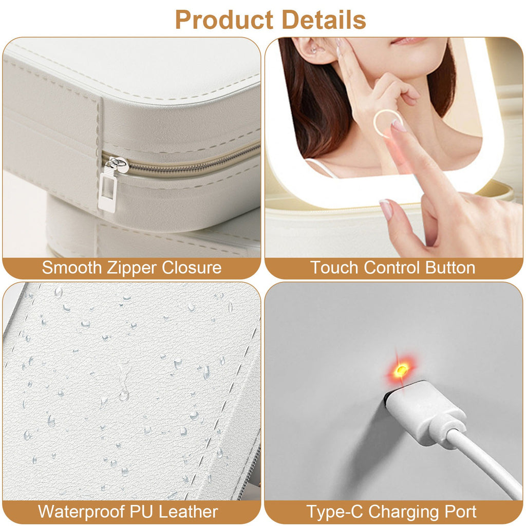 1Pc Portable Travel Makeup Bag With LED Mirror Rechargeable