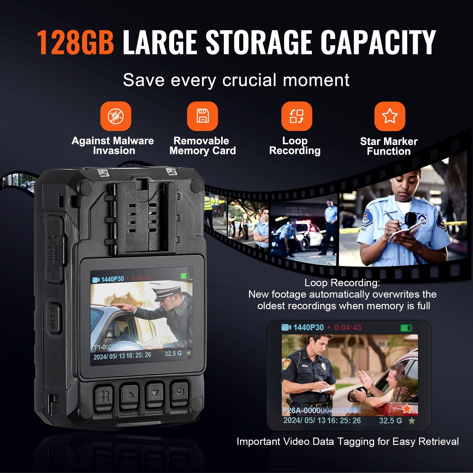 1440P HD Police Body Camera, 128GB Body Cam With Audio Video Recording Picture