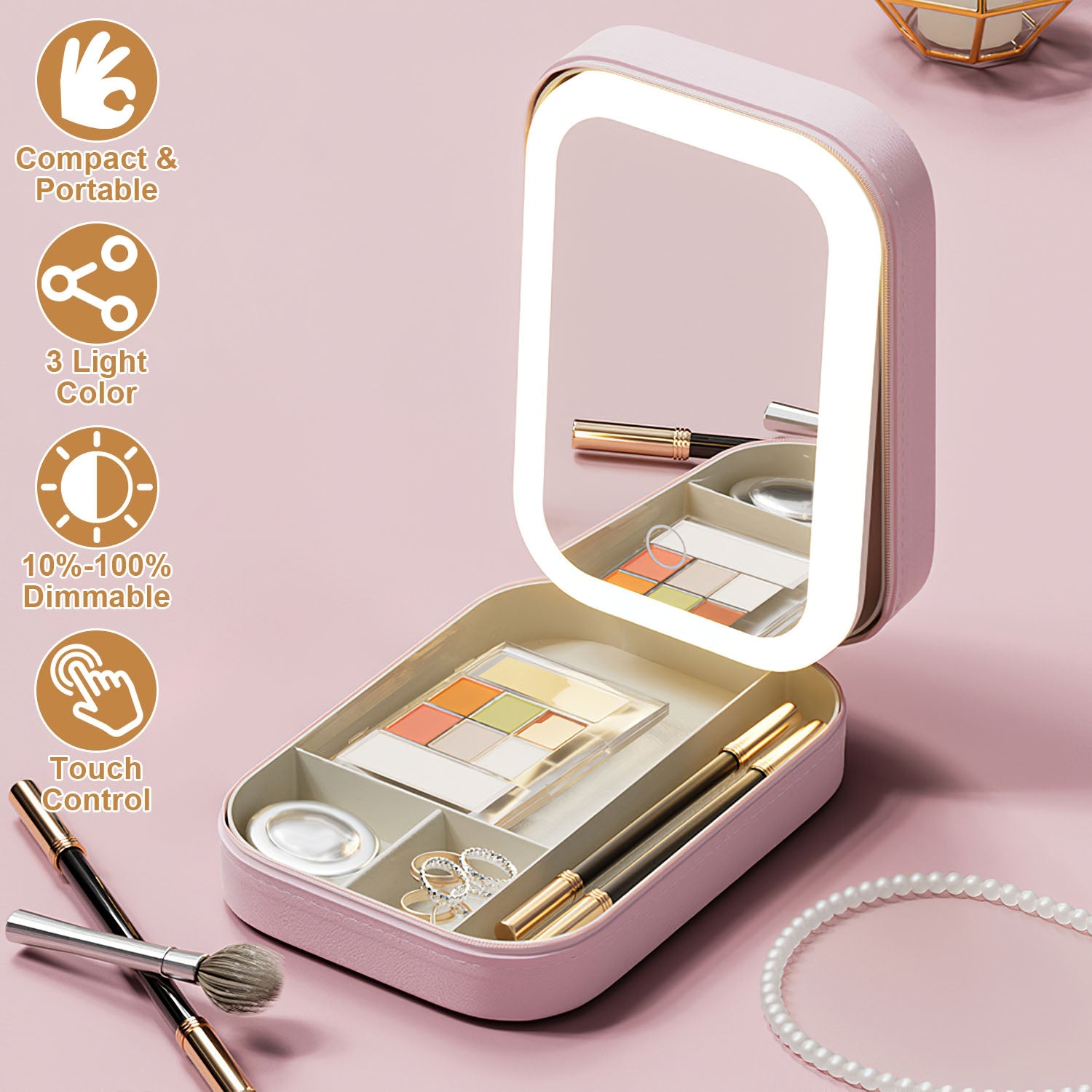 1Pc Portable Travel Makeup Bag With LED Mirror Rechargeable