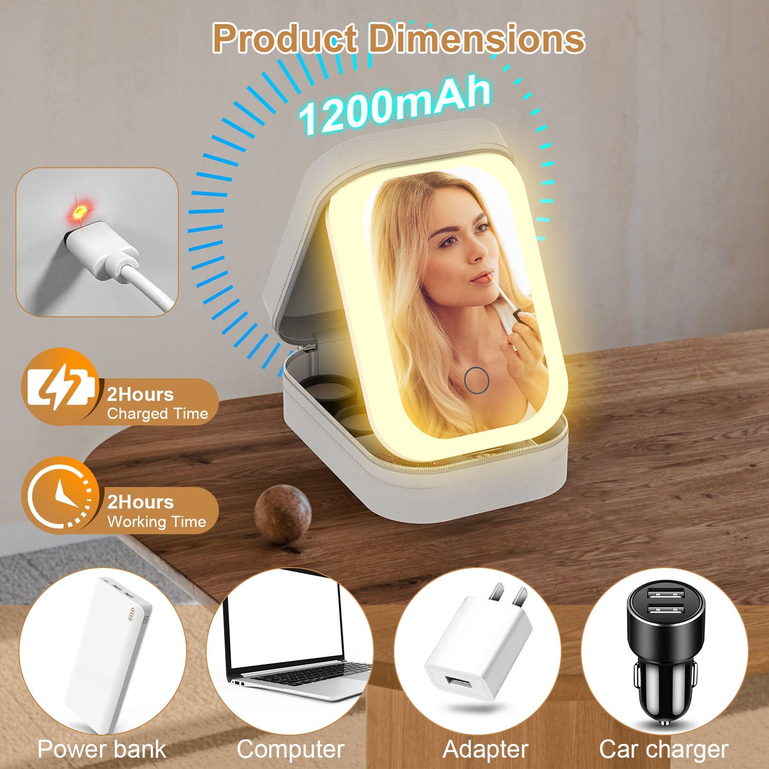 1Pc Portable Travel Makeup Bag With LED Mirror Rechargeable