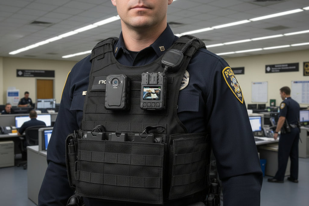 Vevor body camera with screen displaying video feed on a white background