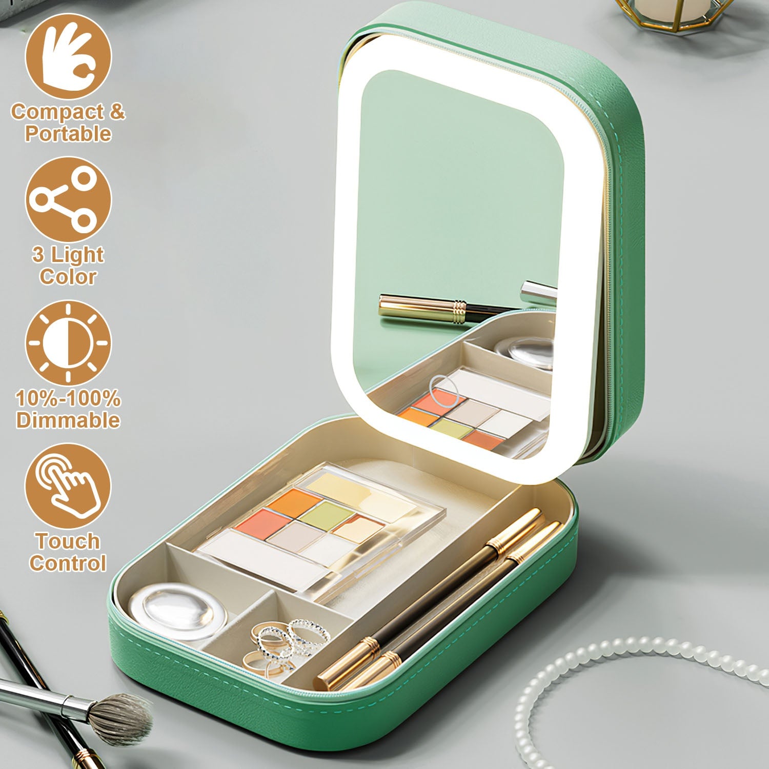1Pc Portable Travel Makeup Bag With LED Mirror Rechargeable
