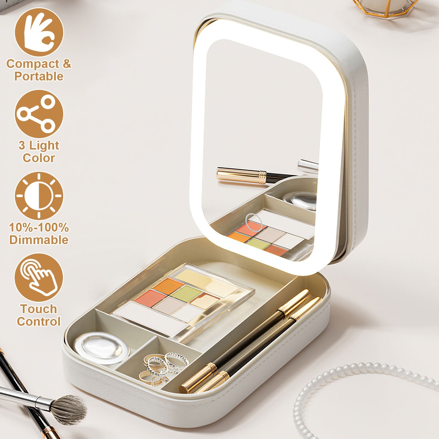 1Pc Portable Travel Makeup Bag With LED Mirror Rechargeable