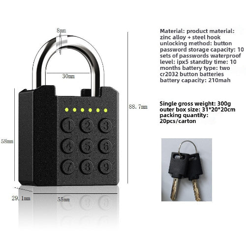 Black electronic lock with digital keypad and key fob, showing specifications on a white background.