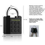 Black electronic lock with digital keypad and key fob, showing specifications on a white background.