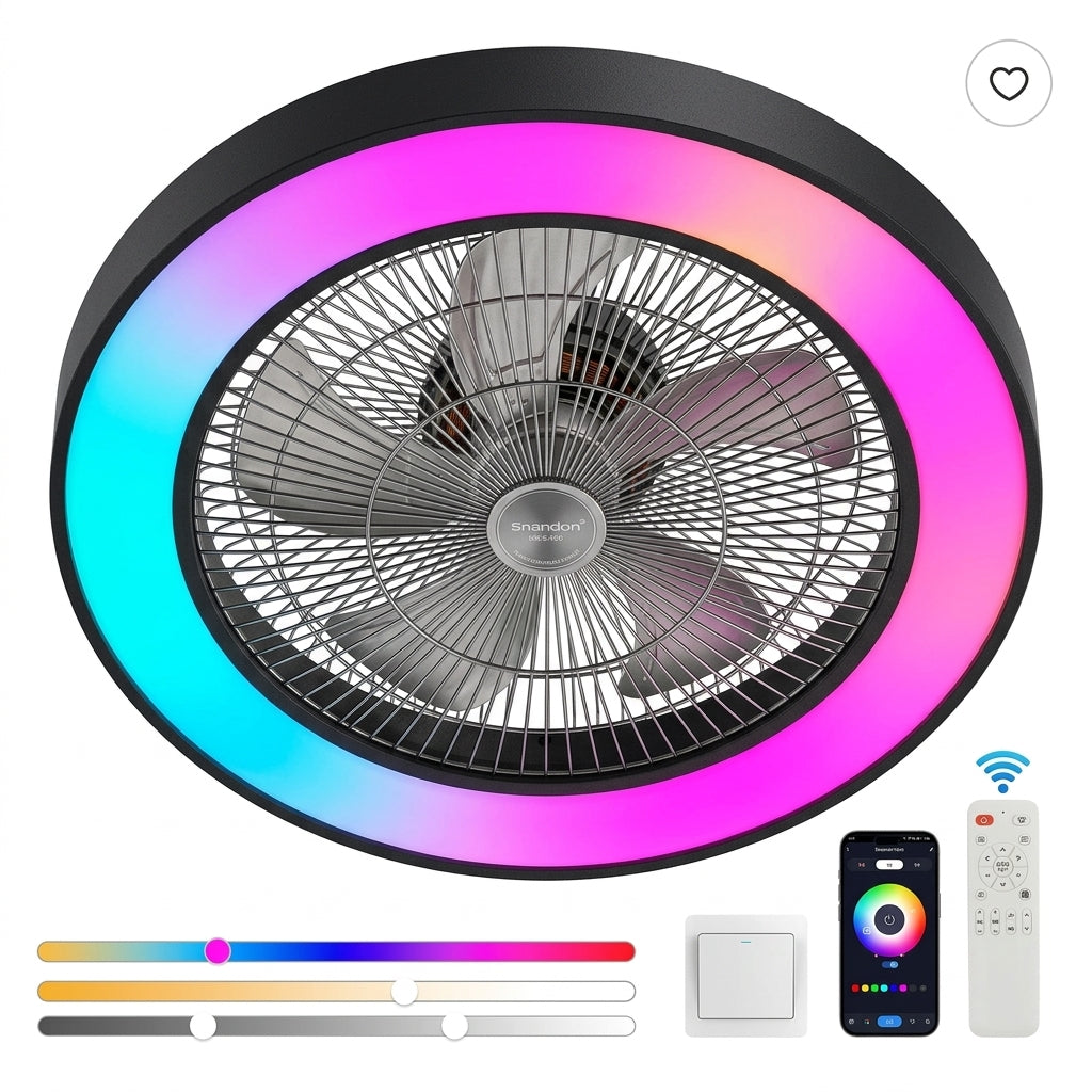 23 Inch Black Ceiling Fan Light With LED RGB   Dimmable & Color Changing, APP & Remote Control, Modern Smart Ceiling Fan For Living Room, Bedroom, And Dining Room  Silent 6-Speed Reversible DC Motor