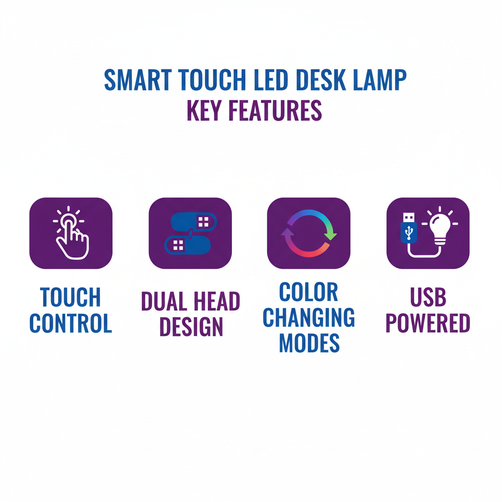 Smart Touch LED Desk Lamp - Key Benefits: Touch Control, Dual Head Design, Color Changing Modes, USB Powered