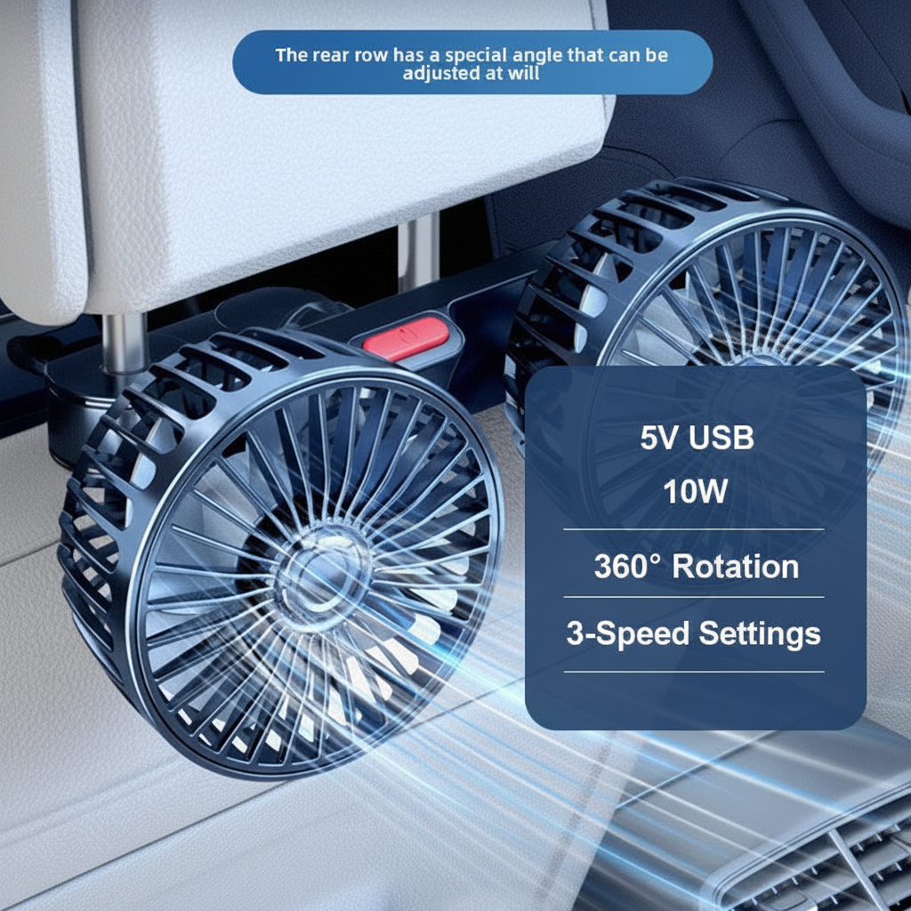 Dual head USB car fan with specs, 5V USB powered, 360 degree rotation