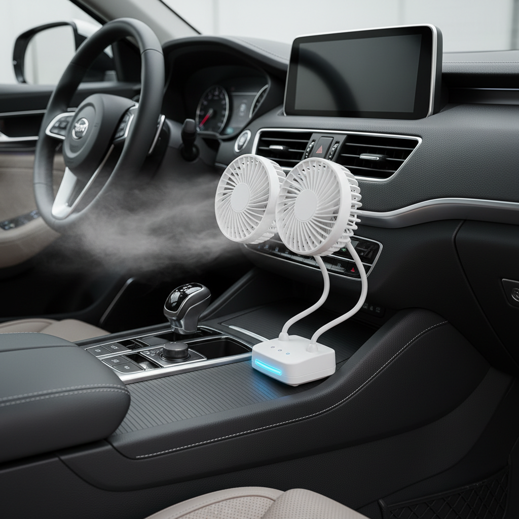 Dual head USB car fan with 360 degree rotation mounted in car interior