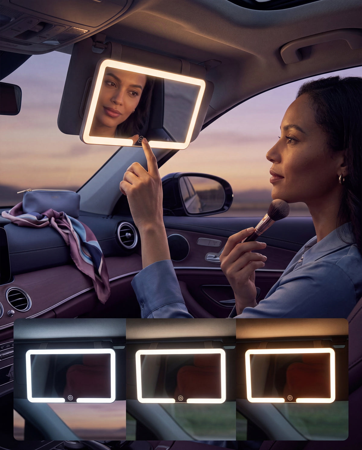 Adjustable LED Car Vanity Mirror with Sun Visor Clip - premium-split-layout